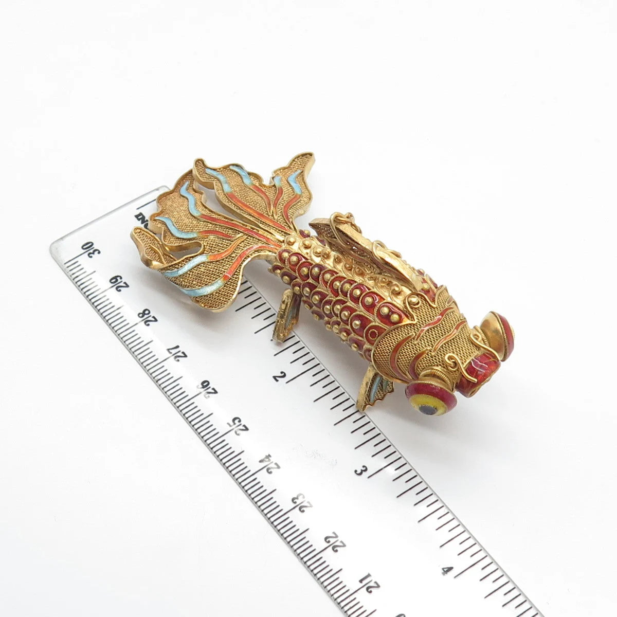 925 Sterling Silver Gold Plated Antique Enamel Chinese Koi Fish Chatelaine Fob