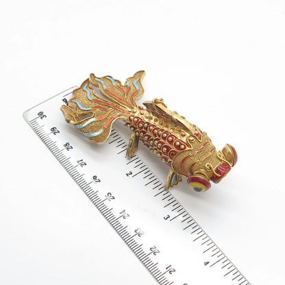 925 Sterling Silver Gold Plated Antique Enamel Chinese Koi Fish Chatelaine Fob