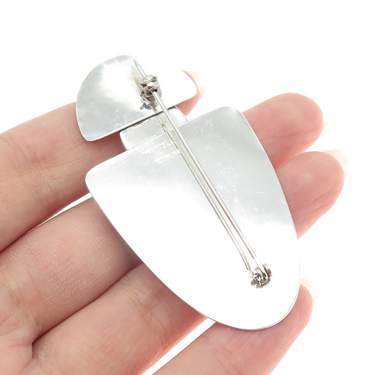 MARCELL 925 Sterling Silver Vintage Real Rose Quartz Modernist Pin Brooch