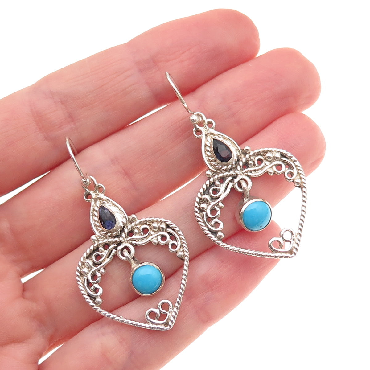 925 Sterling Silver Vintage Real Turquoise Iolite Heart Oxidized Dangle Earrings
