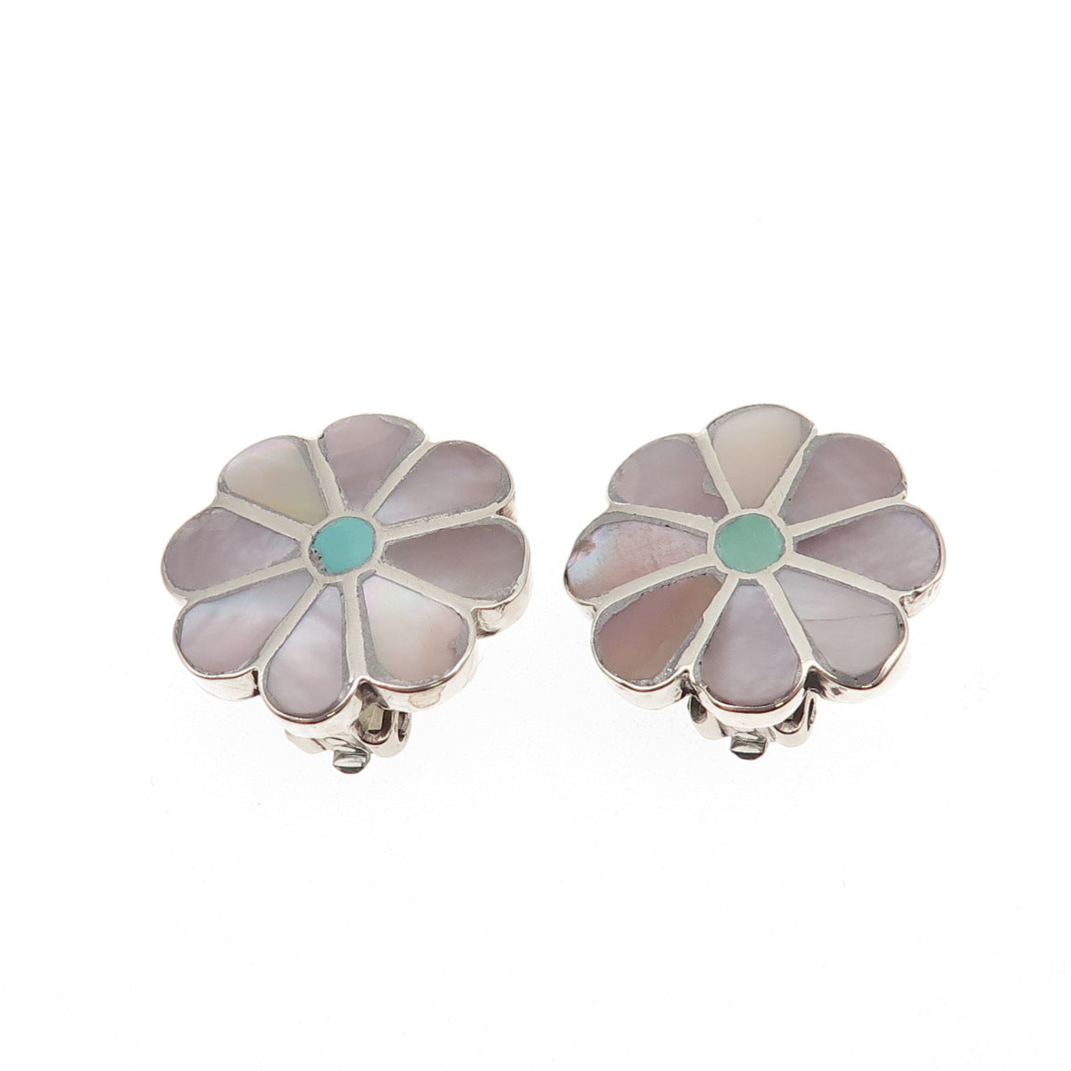 Old Pawn Sterling Silver Vintage MOP & Turquoise Floral Tribal Clip On Earrings