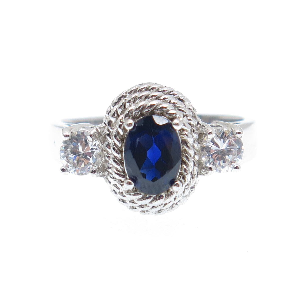 925 Sterling Silver Real Sapphire Gemstone & C Z Roped Bezel Ring Size 7.25