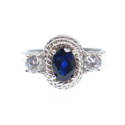 925 Sterling Silver Real Sapphire Gemstone & C Z Roped Bezel Ring Size 7.25