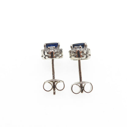 925 Sterling Silver Cushion-Cut Blue & Round-Cut White C Z Stud Earrings