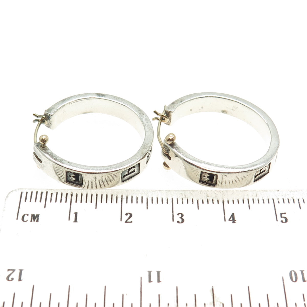 925 Sterling Silver & 14K Yellow Gold Vintage European Stamp Hoop Earrings