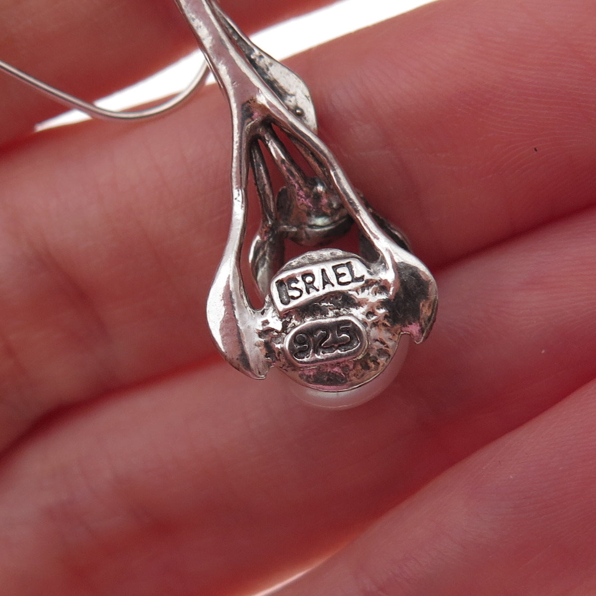 925 Sterling Silver Vintage Israel Real Pearl Floral Oxidized Dangle Earrings