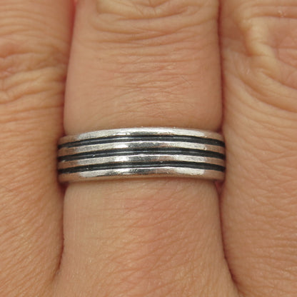 925 Sterling Silver Vintage Mexico Multi-Lined Oxidized Band Ring Size 8.25