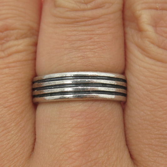 925 Sterling Silver Vintage Mexico Multi-Lined Oxidized Band Ring Size 8.25