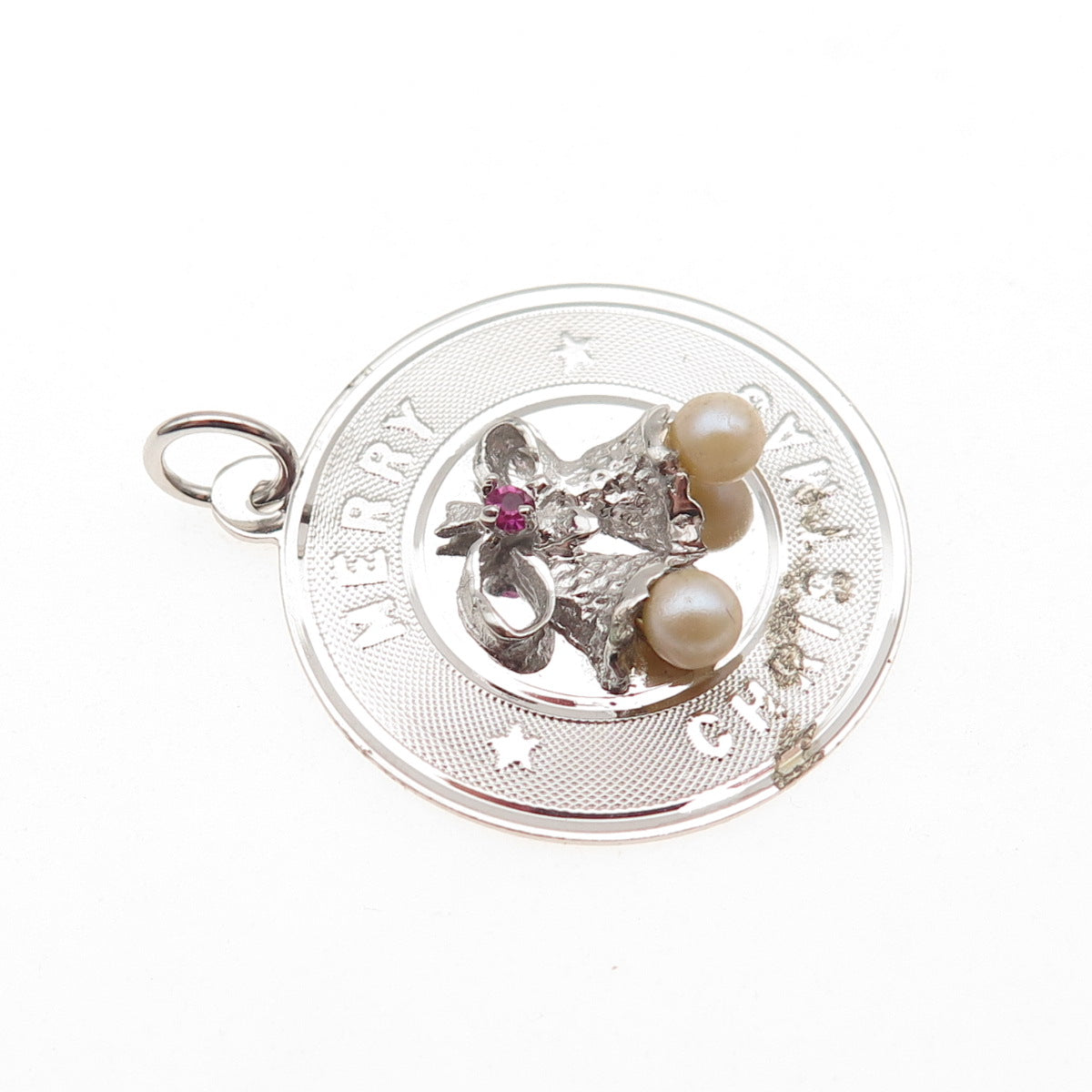925 Sterling Silver Vintage Faux Pearl Rhinestone Merry Christmas Bells Pendant