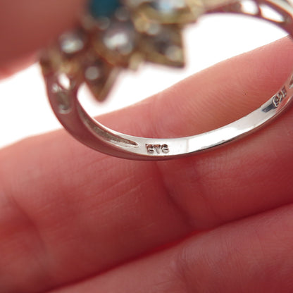 Chuck Clemency Sterling 2-Tone Real Turquoise Blue & White Topaz Ring Size 8.25