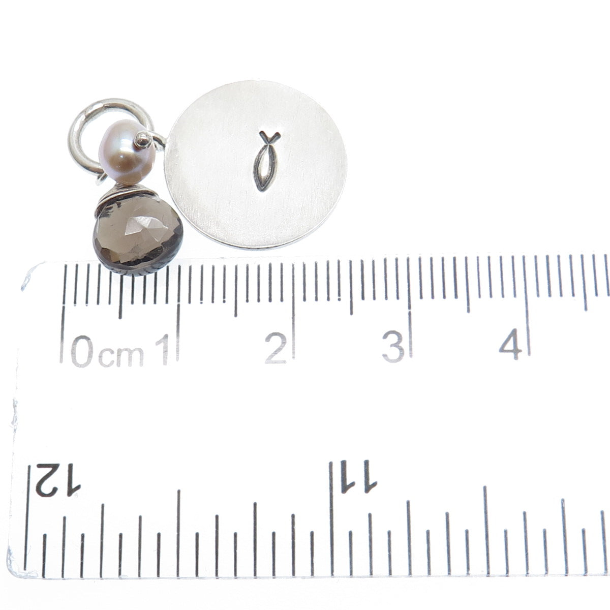 LOTUS 925 Sterling Silver Vintage Real Pearl Smoky Quartz Ichthys Charm Pendant