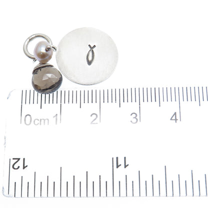 LOTUS 925 Sterling Silver Vintage Real Pearl Smoky Quartz Ichthys Charm Pendant