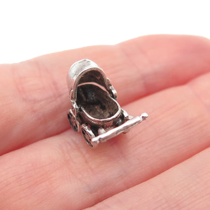 925 Sterling Silver Vintage Baby Stroller Oxidized Movable 3D Mini Charm Pendant