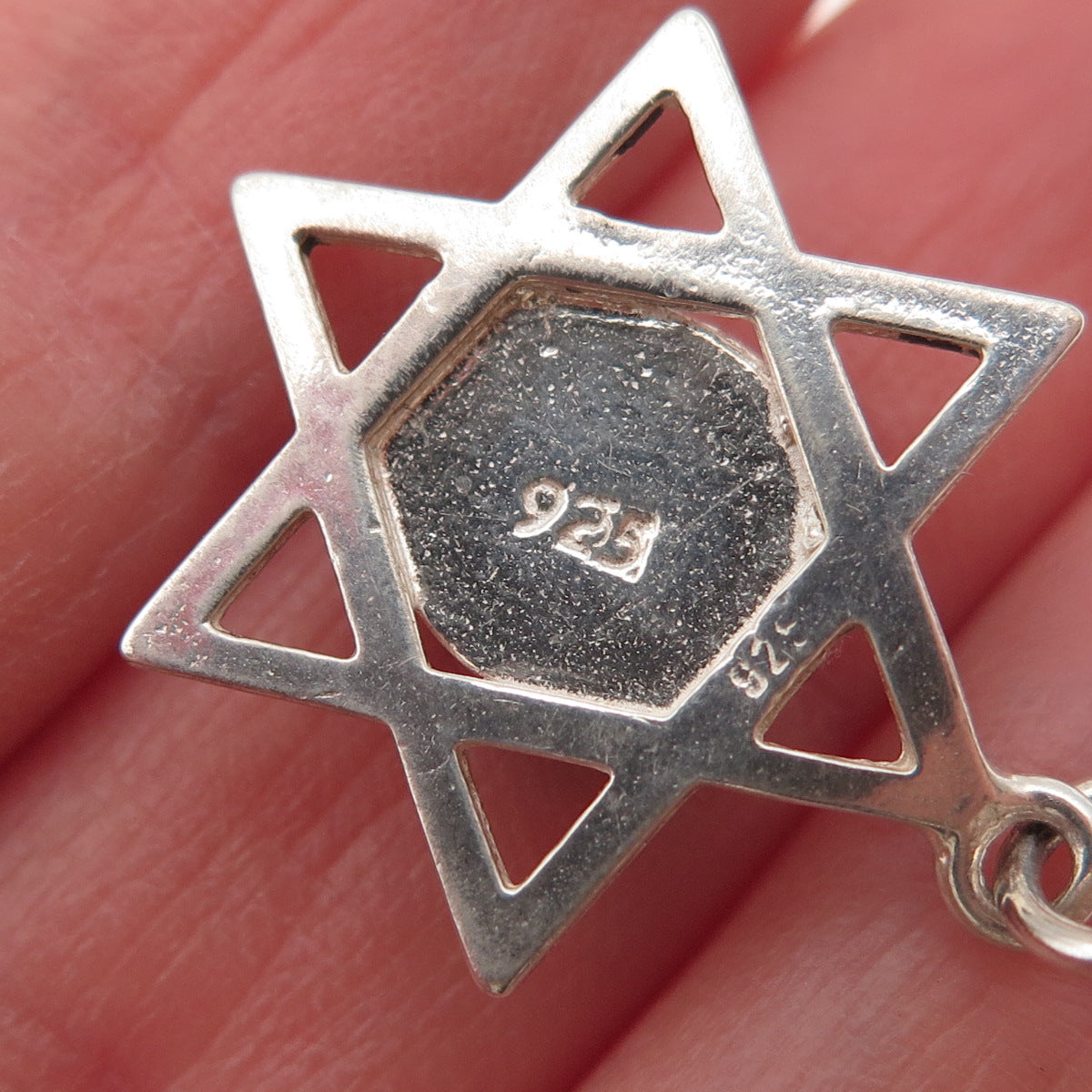 925 Sterling Silver Vintage Green Glass Star of David Charm Pendant