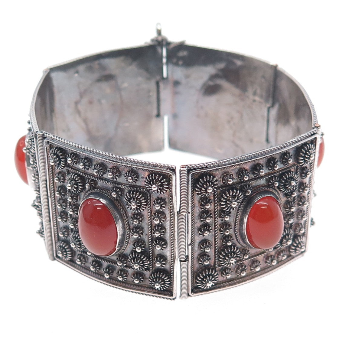 925 Sterling Silver Vintage Real Carnelian Cannetille Panel Link Bracelet 7.5"
