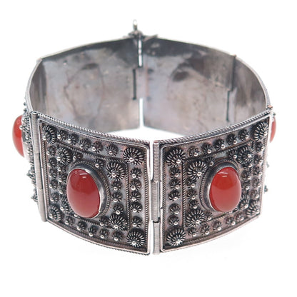 925 Sterling Silver Vintage Real Carnelian Cannetille Panel Link Bracelet 7.5"