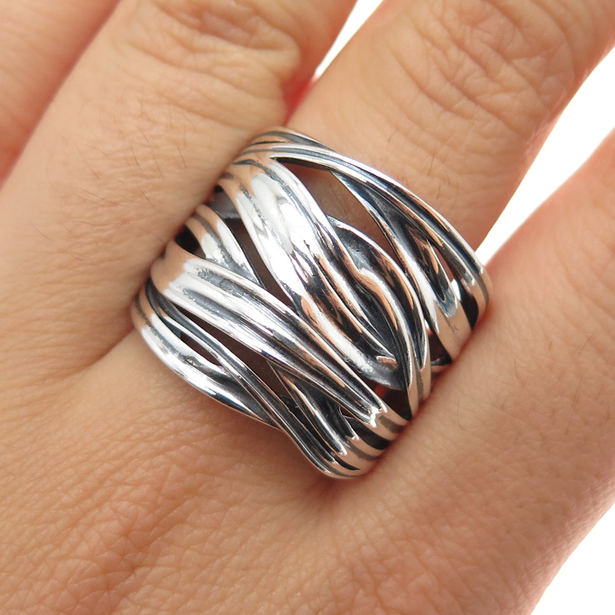 925 Sterling Silver Vintage Modernist Crisscross Oxidized Ring Size 9.25