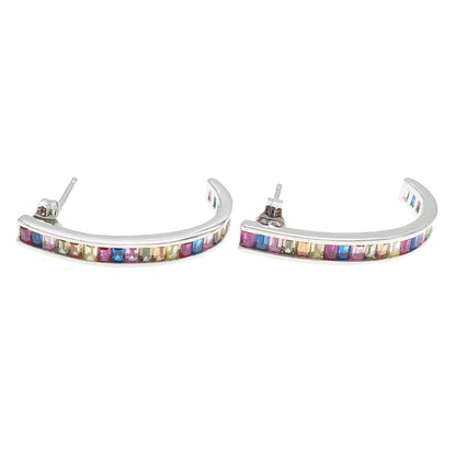 925 Sterling Silver Multi-Color C Z Half Hoop Earrings