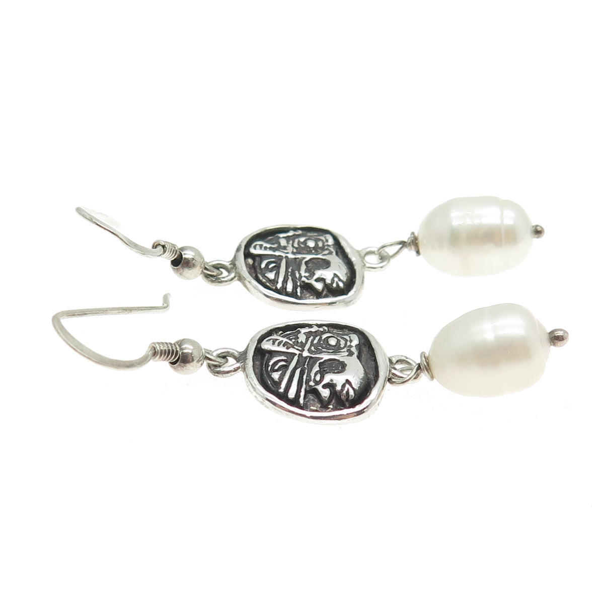 925 Sterling Silver Vintage Real Pearl Tribal Face Dangle Hook Earrings