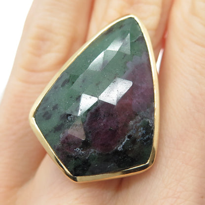 925 Sterling Silver Gold Plated Real Zoisite Ruby Statement Ring Size 6