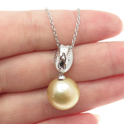 925 Sterling Silver Real Pearl & White Topaz Cable Chain Necklace 18"