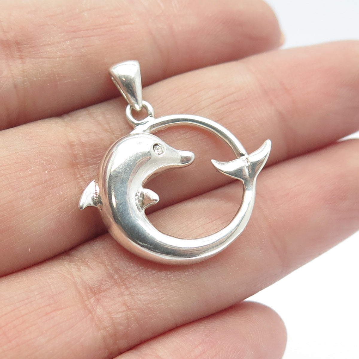 925 Sterling Silver Vintage Rhinestone Friendly Dolphin Pendant