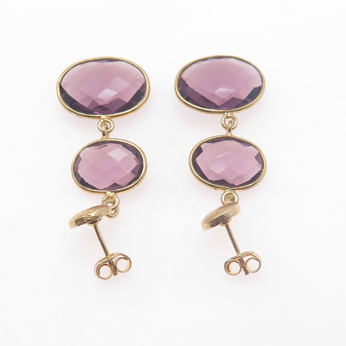 925 Sterling Silver Gold Plated Vintage Real Amethyst Modernist Dangle Earrings