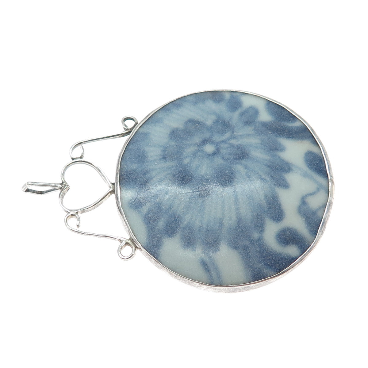925 Sterling Silver Vintage Modernist Ceramic Flower & Heart Large Pendant