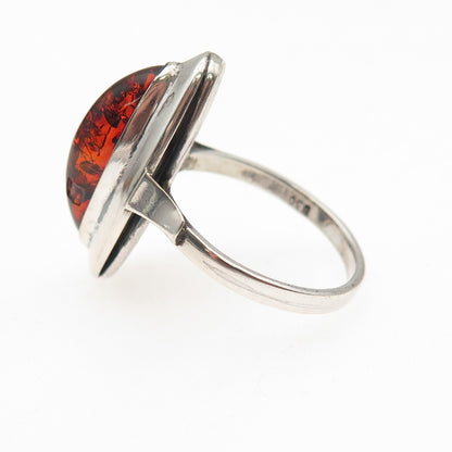 830 Silver Vintage Real Amber Modernist Oxidized Ring Size 7