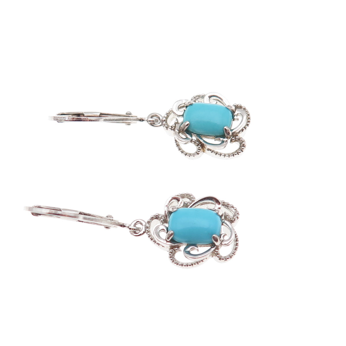 925 Sterling Silver Real Sleeping Beauty Turquoise Floral Dangle Earrings