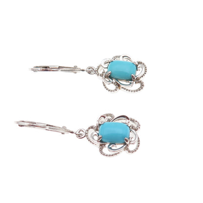925 Sterling Silver Real Sleeping Beauty Turquoise Floral Dangle Earrings