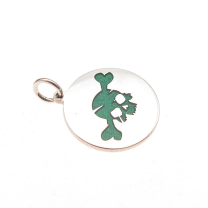 925 Sterling Silver Green Enamel Skull & Bone Charm Pendant