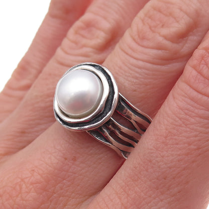 925 Sterling Silver Vintage Israel Real Pearl Modernist Oxidized Ring Size 7