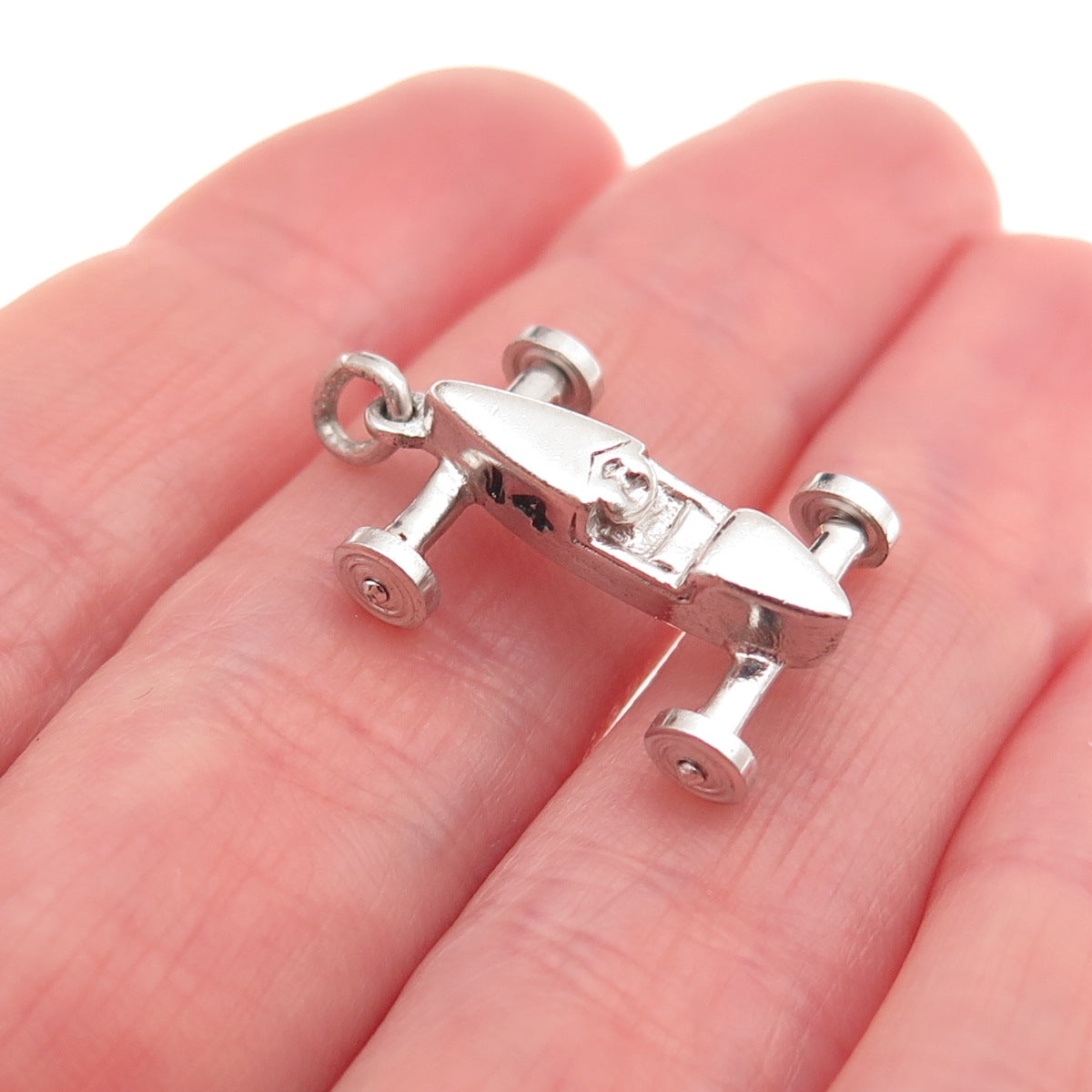 Wells Sterling Silver Vintage Enamel Number 14 Retro Racing Car 3D Mini Pendant