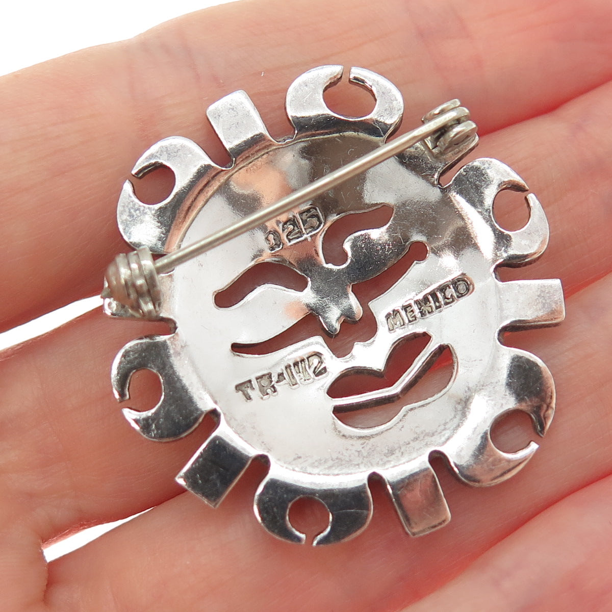 925 Sterling Silver Vintage Mexico Sun Face Modernist Oxidized Pin Brooch