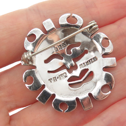 925 Sterling Silver Vintage Mexico Sun Face Modernist Oxidized Pin Brooch