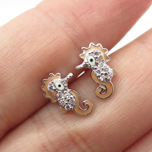 925 Sterling Silver Enamel Round-Cut C Z Seahorse Stud Earrings