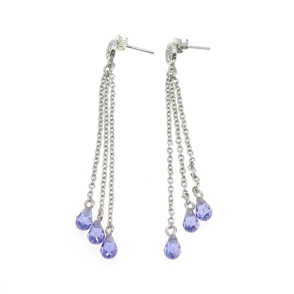 925 Sterling Silver Purple & White C Z Chain Drop Dangling Earrings