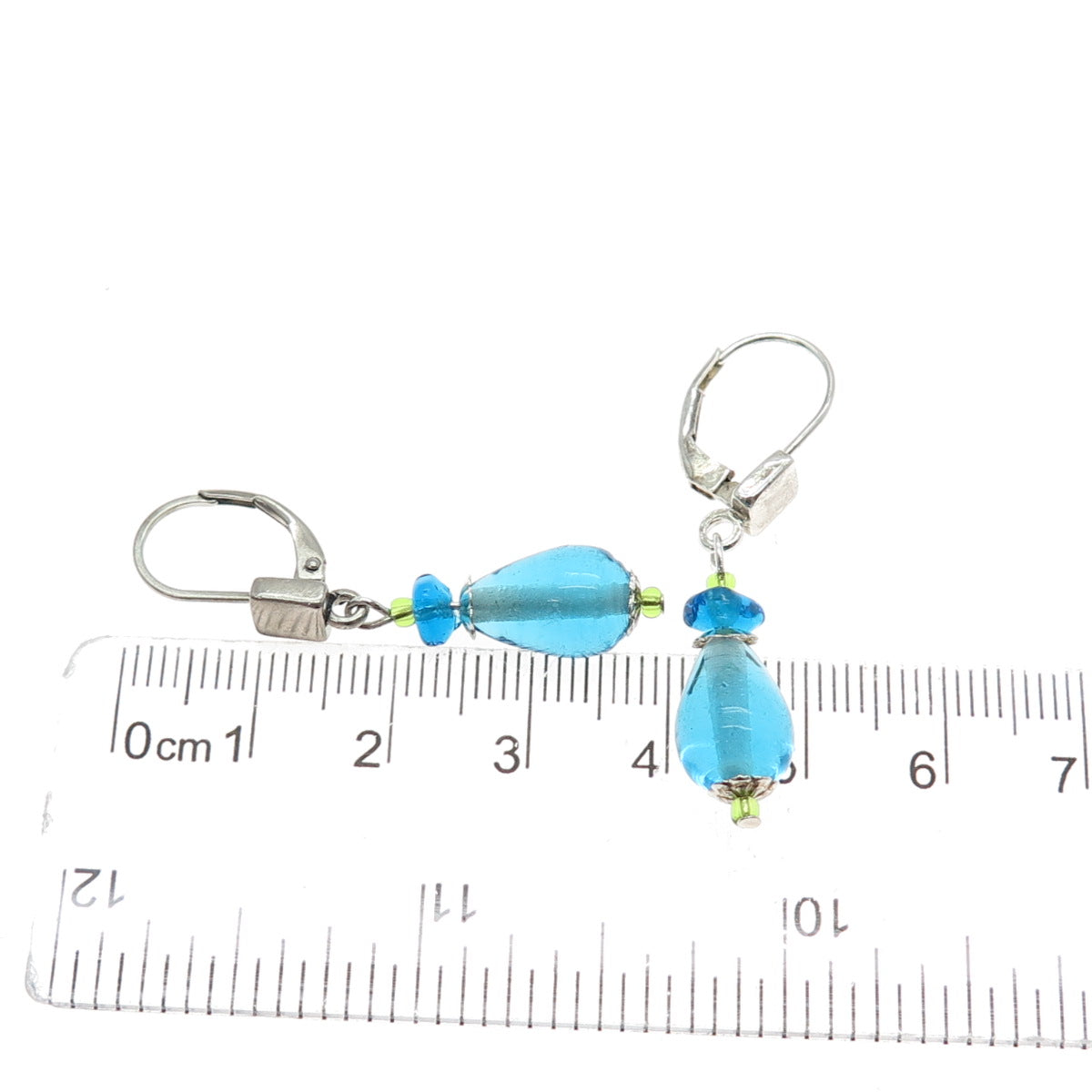 925 Sterling Silver Vintage Blue Glass Modernist Teardrop Dangle Earrings