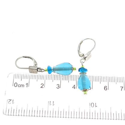 925 Sterling Silver Vintage Blue Glass Modernist Teardrop Dangle Earrings