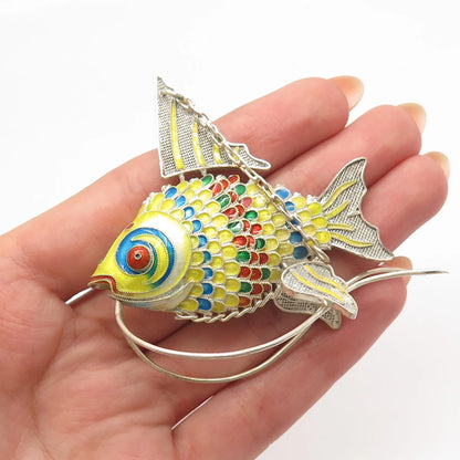 925 Sterling Silver Antique Enamel Chinese Koi Fish Articulated Chatelaine Fob