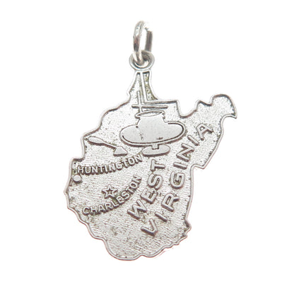 WELLS 925 Sterling Silver Vintage West Virginia Mountain State Map Charm Pendant