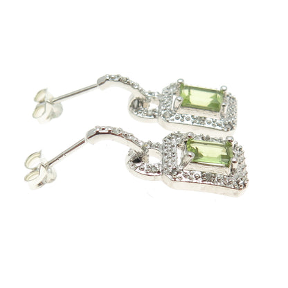 925 Sterling Silver Real Round-Cut Diamond & Emerald-Cut Peridot Dangle Earrings