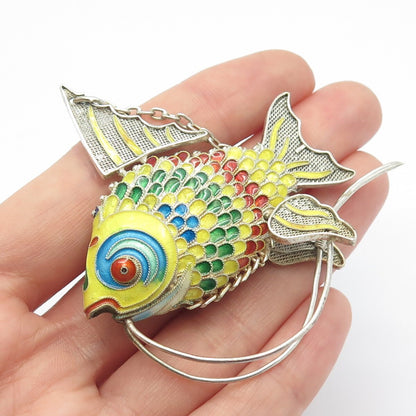 925 Sterling Silver Antique Enamel Chinese Koi Fish Articulated Chatelaine Fob
