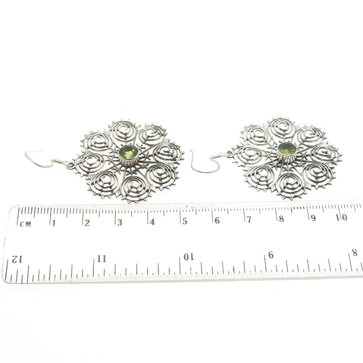 925 Sterling Silver Vintage Real Peridot Spiral Floral Dangle Earrings