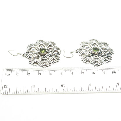 925 Sterling Silver Vintage Real Peridot Spiral Floral Dangle Earrings