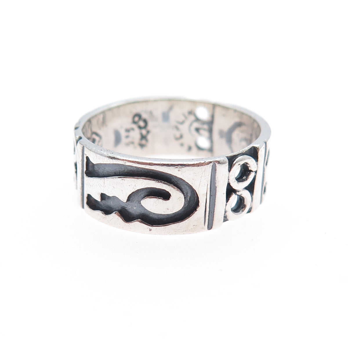 925 Sterling Silver Vintage Mexico Tribal Symbol Oxidized Band Ring Size 7.25