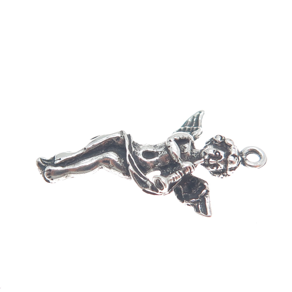 925 Sterling Silver Vintage Angel Playing Trumpet Oxidized Mini Charm Pendant