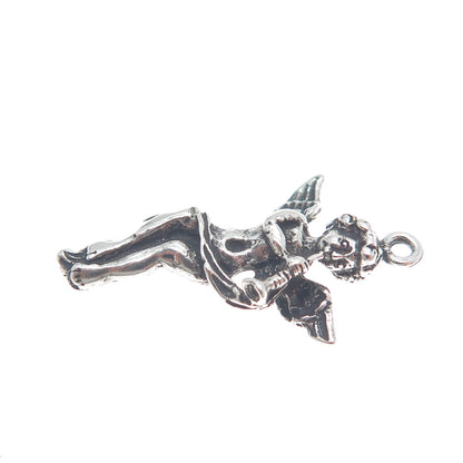 925 Sterling Silver Vintage Angel Playing Trumpet Oxidized Mini Charm Pendant