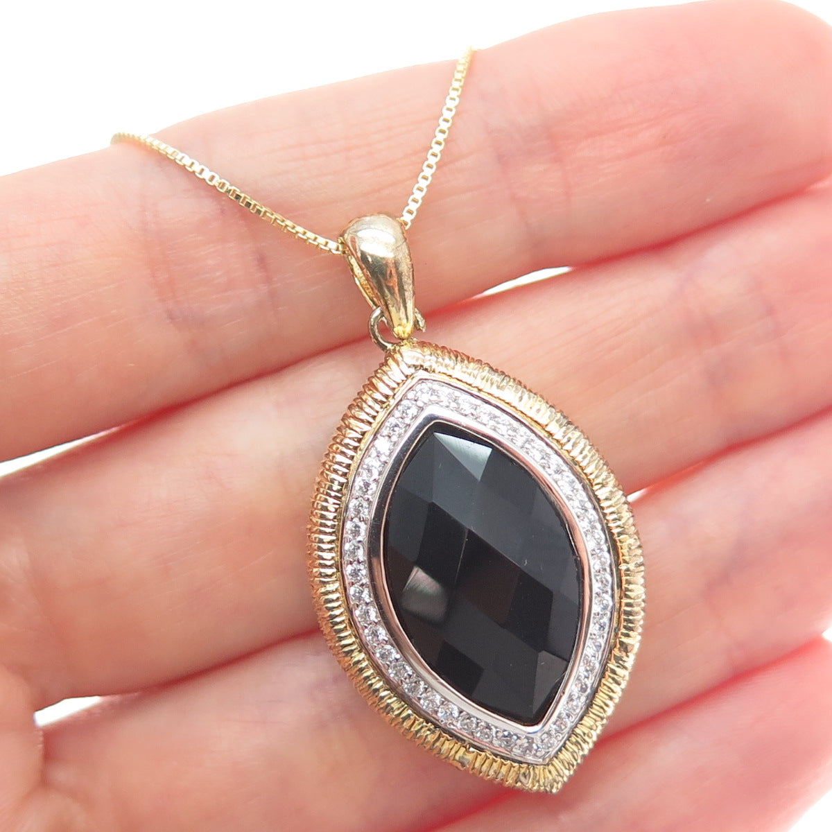 925 Sterling Silver Gold Plated Real Black Spinel & C Z Box Chain Necklace 18"